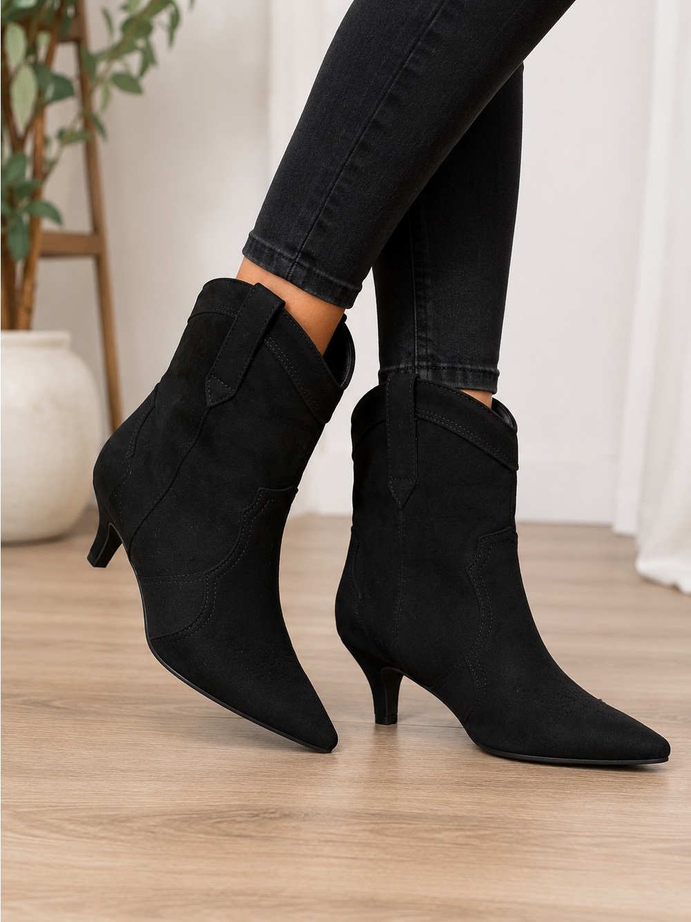 INC International Concepts Black Suede Pointed-Toe Kitten Heel Ankle Boots